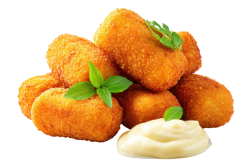 Golden-brown, crispy croquettes piled high, topped with fresh herbs, and a creamy sauce