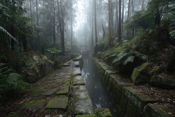 Misty forest path with stone waterway