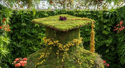 Unique graduation cap sculpture made from moss and flowers stands in a botanical garden, celebrating academic achievement with nature.