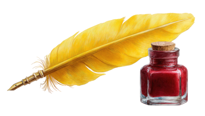 A vibrant yellow quill pen and a small, maroon inkwell