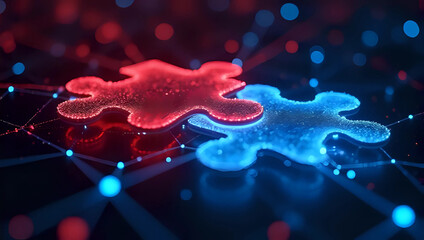 Two glowing red and blue digital jigsaw puzzle pieces connecting, isolated on futuristic data network background - technology, business partnership, collaboration, teamwork, synergy, problem solving