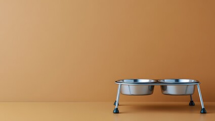 Elevated stainless steel dog bowls on a warm brown background