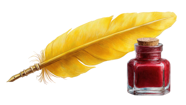 A vibrant yellow quill pen and a small, maroon inkwell