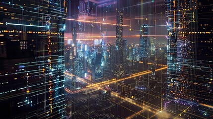 Fototapeta premium Glimpses of Quantum Computing Centers Amidst a Futuristic City’s Night View: Where Luminous Skyscrapers Meet Cutting-Edge Quantum Hubs, Illuminated by Neon Glows and Holographic Interfaces.