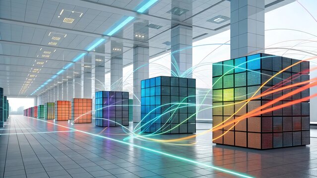 Reflective Cubes Interacting with Colorful Data Lines - Powered by Adobe