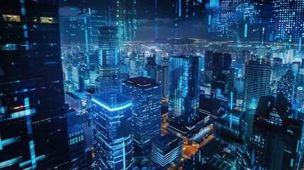 Obraz premium Glimpses of Quantum Computing Centers Amidst a Futuristic City’s Night View: Where Luminous Skyscrapers Meet Cutting-Edge Quantum Hubs, Illuminated by Neon Glows and Holographic Interfaces.
