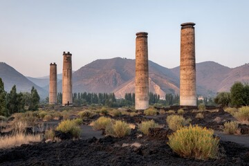 Industrial remnants stand amidst volcanic landscape