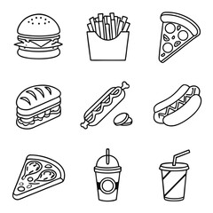 A bundle of Fast food with burger, pizza, sandwich, coffee cake, dessert, and drink vector illustrations