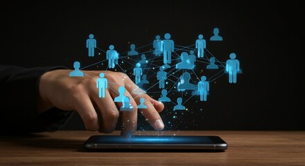 Hand interacting with a smartphone displaying a digital network of interconnected human figures, symbolizing connection and technology.