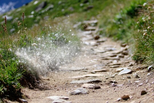A mountain path dusted with flying seeds