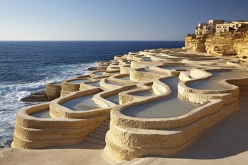 Coastal salt pans, terraced pools of shallow water, light beige stone structures, against a backdrop of blue ocean and sky