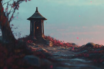 Fototapeta premium A small, dark shrine on a hillside, bathed in soft light