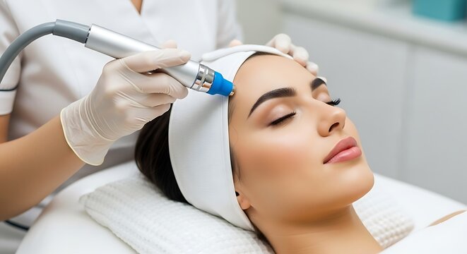 Woman receiving hydrafacial treatment at spa with gloved aesthetician present