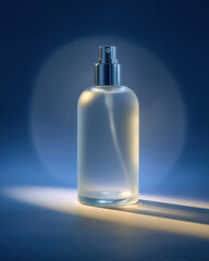 Sleek, frosted glass bottle with silver spray nozzle, illuminated softly against blue background, creating elegant and modern aesthetic. light highlights contours of bottle, enhancing its
