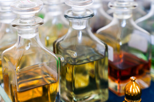Oriental fragrances in a glass essence bottle, Essence in a glass bottle with traditional Eastern fragrances, Bukhara, Uzbekistan