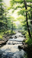 Obraz premium Illustration of a summer river in japan landscape wilderness outdoors.