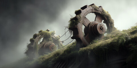 Cinematic 3D image of nature reclaiming old battle trenches covered in moss and forgotten gear