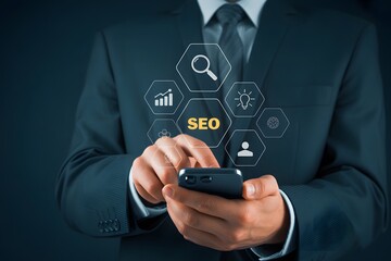 SEO Optimization Concept: A sharp, sophisticated business person delves into search engine optimization strategies.
