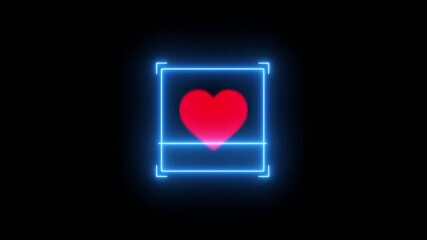 Neon  Qr heart, love, valentine, symbol, scanner animation on black background, neon glowing Fingerprint QR code scanner animated. 4k video, Scanning the QR code icon animation