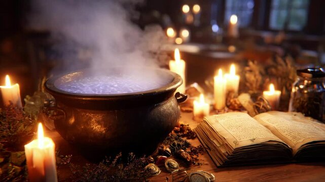 Magical potion boiling in a cauldron, flickering candlelight and a mysterious book with spells in a dark room, atmosphere of mystery and magic