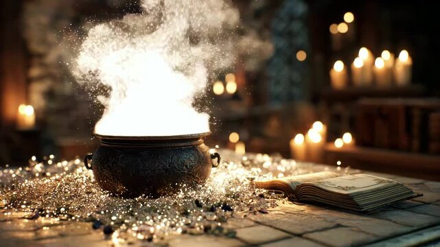 Magical potion boiling in a cauldron, flickering candlelight and a mysterious book with spells in a dark room, atmosphere of mystery and magic