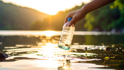 Hand picking plastic bottle with lake sunset.