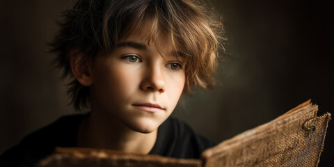 Realistic portrait of person reading softly lit book with natural skin tones cloth textures and lifelike surface shading