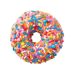 Pink frosted donut with colorful sprinkles on black isolated on a transparent background