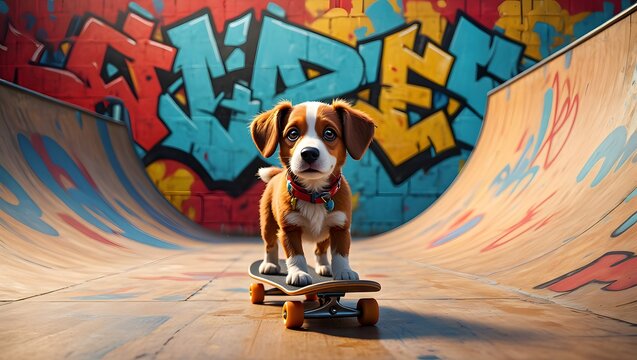 Adorable puppy rides a skateboard in a vibrant graffiti adorned skatepark - Powered by Adobe