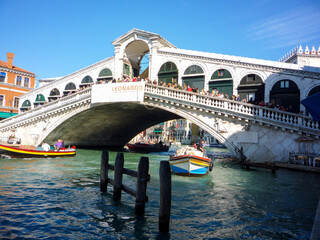 A beautiful view of the Rialto Bridge on the Grand canal in Venice, Italy.
