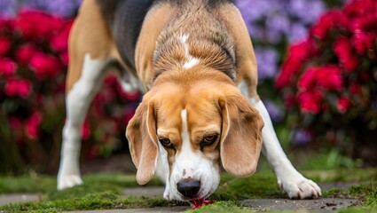 Curious beagle dog sniffing the ground amidst vibrant red flowers in a garden