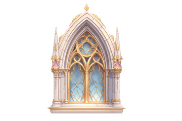 Obraz premium Ornate, gothic-style window, light beige and gold. Detailed carvings and stained glass