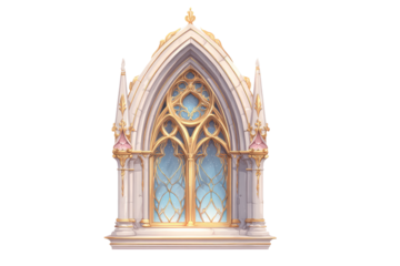 Ornate, gothic-style window, light beige and gold.  Detailed carvings and stained glass