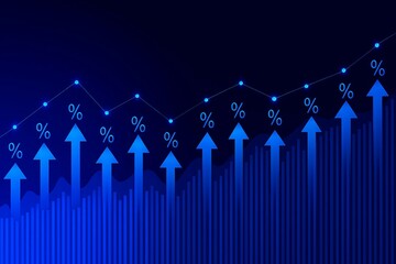 Blue upward trend arrows and financial symbols on dark background