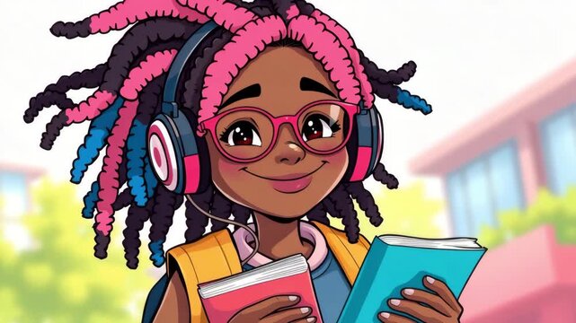 Schoolgirl with bright hair smiling and listening to music on headphones, teenager with dreadlocks holding books in hands, cartoon vector style, learning and education concept