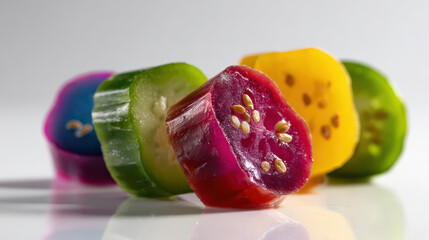 Produce plant concept Delightful produce from plant showcases vibrant jelly slices in various shapes and textures, perfect for desserts