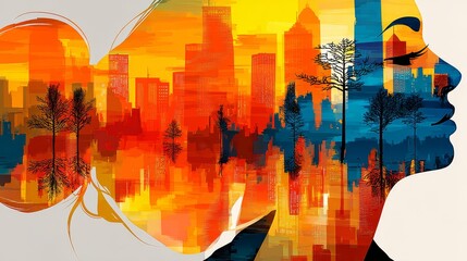 Abstract double exposure art colorful silhouette of woman with city skyline urban environment creative concept