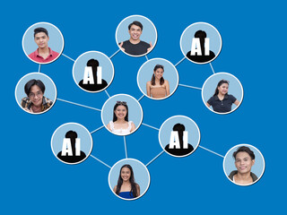A conceptual image of a hybrid workforce showing collaboration between real people and AI agents,...
