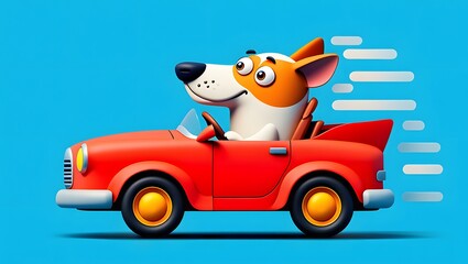 Joyful cartoon dog drives a red convertible car with a big smile