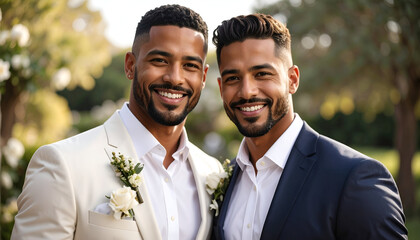 Happy gay couple wedding portrait.