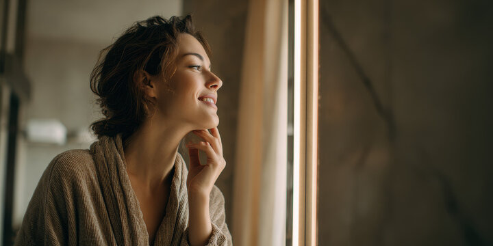 Woman smiling by window in robe