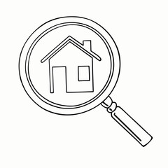 Real estate home search with magnifying glass icon in black and white with copy space for housing market analysis; property discovery