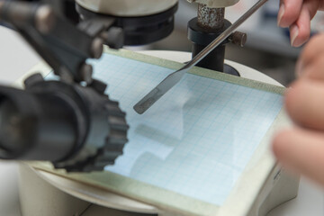 Close up detail of a scientist working with substances in a laboratory.