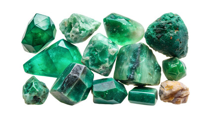 Collection of raw emerald gemstones isolated on transparent background, showcasing natural green crystals and mineral specimens for jewelry and decoration