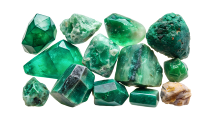 Collection of raw emerald gemstones isolated on transparent background, showcasing natural green crystals and mineral specimens for jewelry and decoration