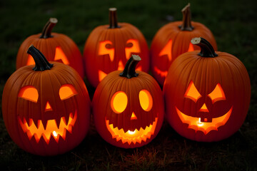 Obraz premium Group of glowing jack-o'-lanterns on grass at night