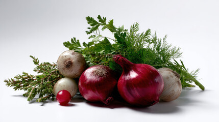 Produce plant concept Fresh produce includes vibrant onions and aromatic herbs, showcasing beauty of plant life in delightful arrangement