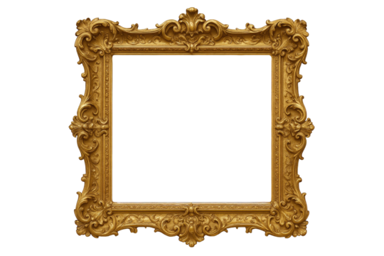 Ornate Vintage Golden Picture Frame with Intricate Scrollwork and Decorative Flourishes, Isolated on Black
