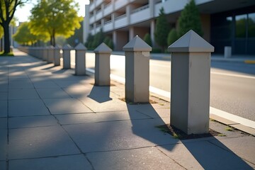 A row of concrete bollards on a sunlit tiled sidewalk with long shadows.
