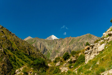 Ala-Archa, Mountain landscape with alpine, steep cliffs, rocky terrain, grassy slopes, distant snowy summit, clear blue sky, ideal for trekking, hiking, climbing, backpacking, and alpine exploration
